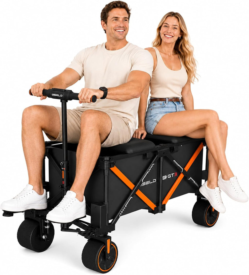WISELD GT3 Electric Wagon Cart with Seats*2 Battery*1, All Terrain Wheels 772lbs Large Capacity Multi-Purpose Wagon for Grocery Shopping, Sports, Garden and Camping