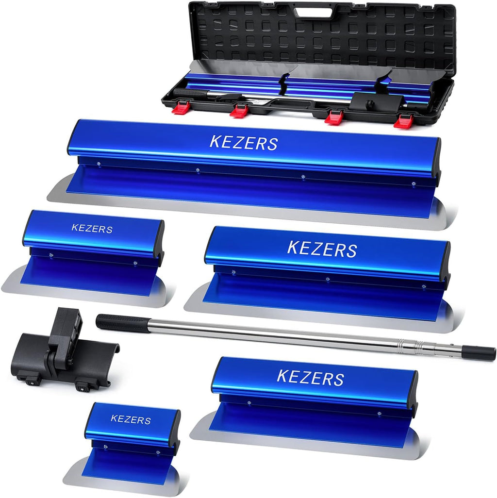 KEZERS Drywall Skimming Blade Set-7',10',14',16' & 24' Skimming Blades + 35'-81' Extension Handle, Stainless Steel Construction Knife,Smoothing Drywall Knife,Extruded Aluminum,High Impact End Caps