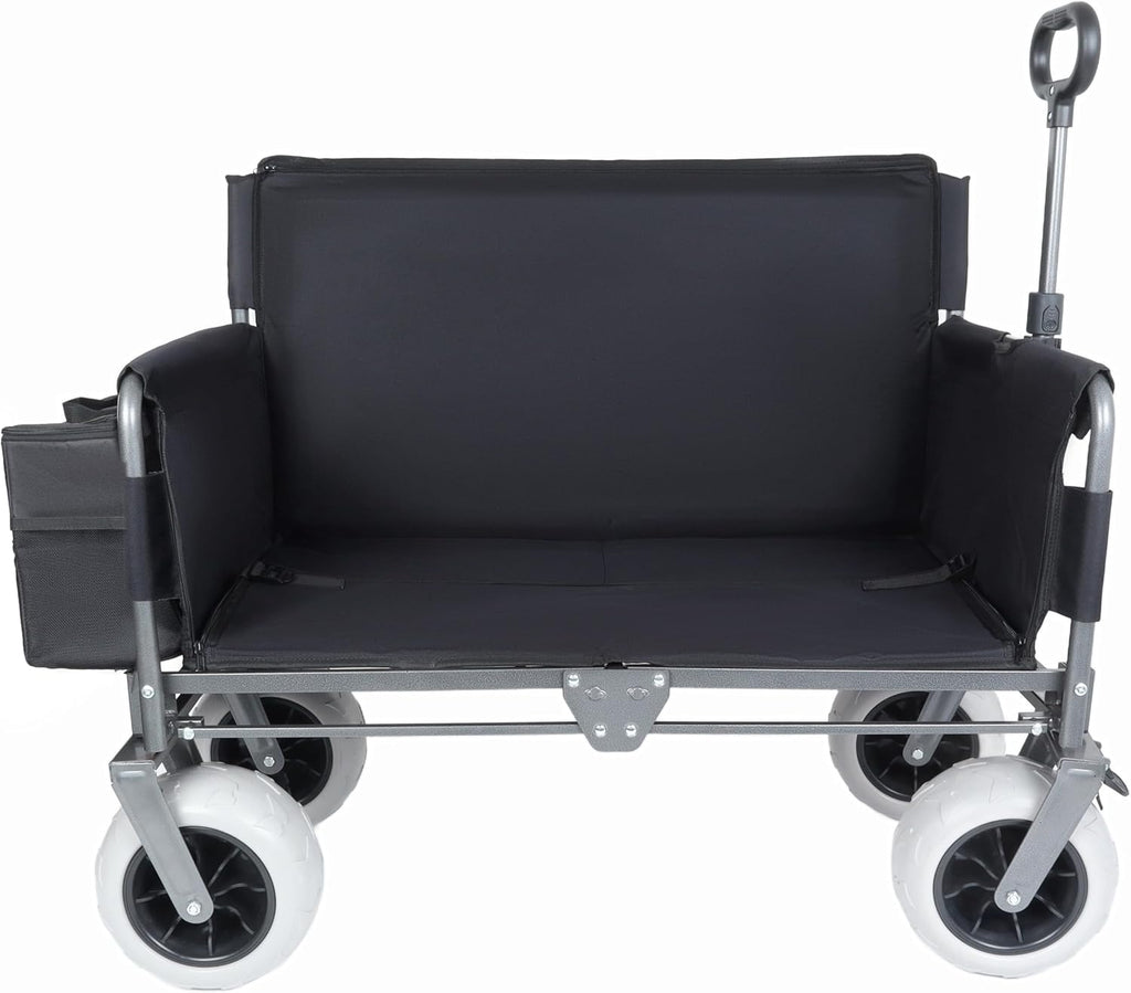 Black Collapsible Wagon, Bench Seat & Storage, All-Terrain Wheels, Steel Frame, Folding Camping Cart for Beach, Sports, Fish, 40.94x20.47x44.29 in