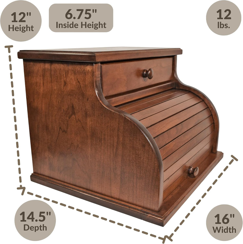DutchCrafters Amish USA Made Solid Wood Countertop Bread Box with Drawer, Bread Holder for Kitchen Counter, Large Bread Box for Kitchen Countertop (Cherry - Michael's Cherry)