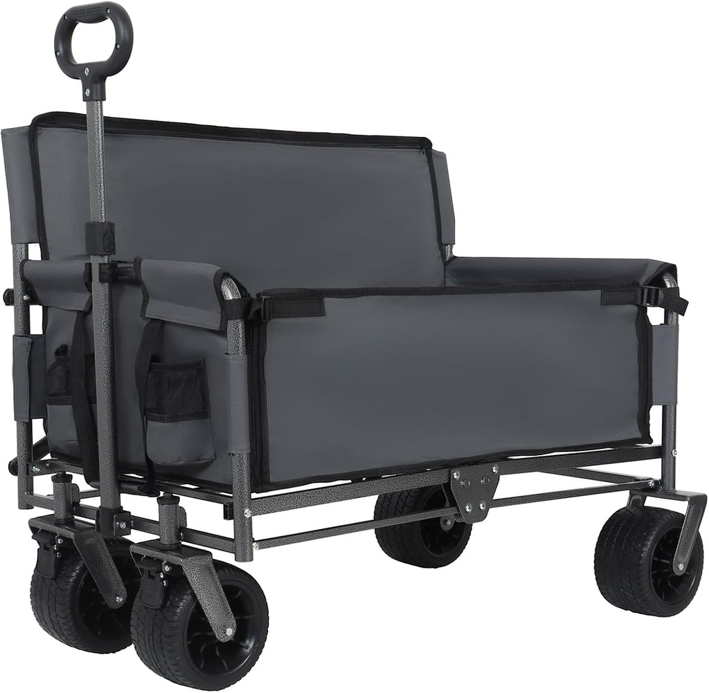 3-in-1 Convertible Folding Wagon Cart with Seat & Storage, 500lbs Heavy-Duty Utility Wagon, 180L Capacity, All-Terrain 360° Swivel Wheels for Camping, Beach, Sports, Garden (Gray)