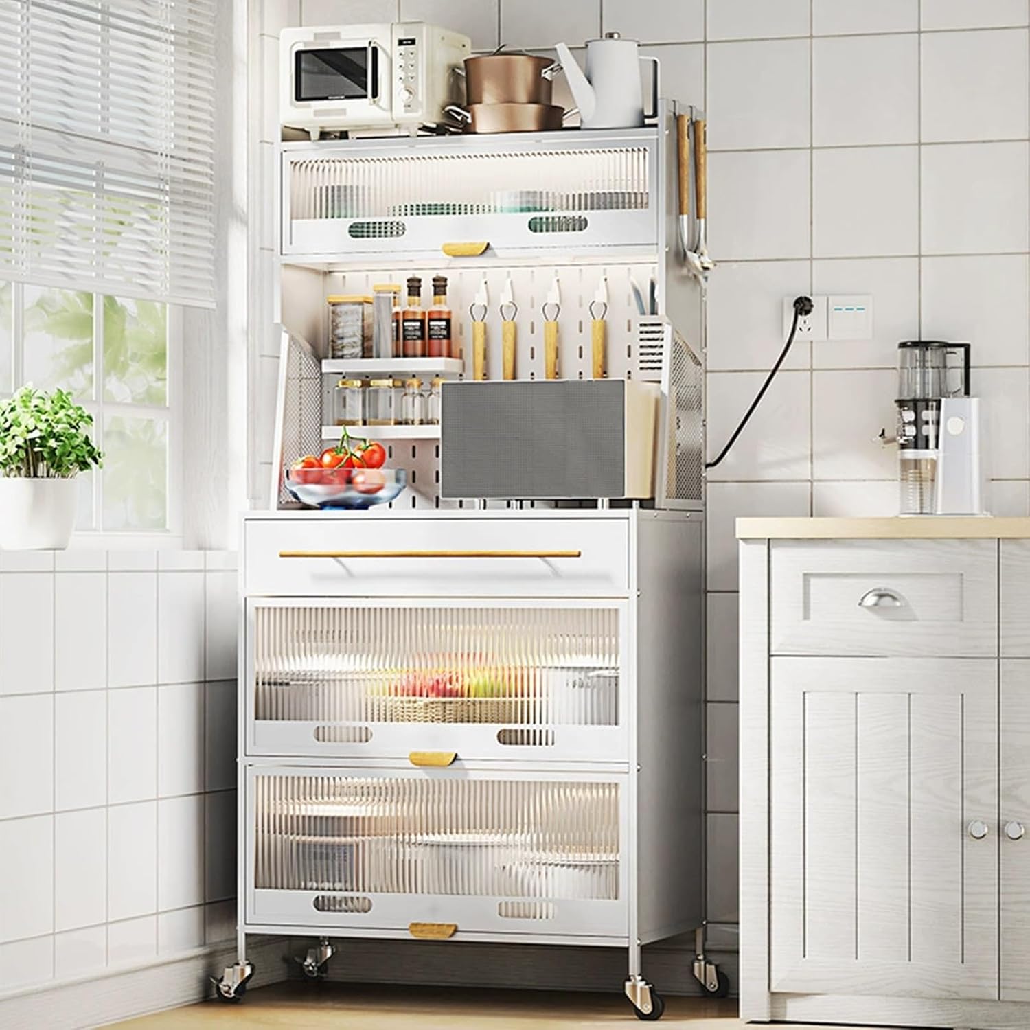 Freestanding Multi-Layer Kitchen Floor Cupboard，Microwave Storage Stand,5-Tier Standing Kitchen Baker's Rack, 5 Tiers Storage Cabinet for Kitchen, with Drawers, for Kitchen Hutch, Home, Offi
