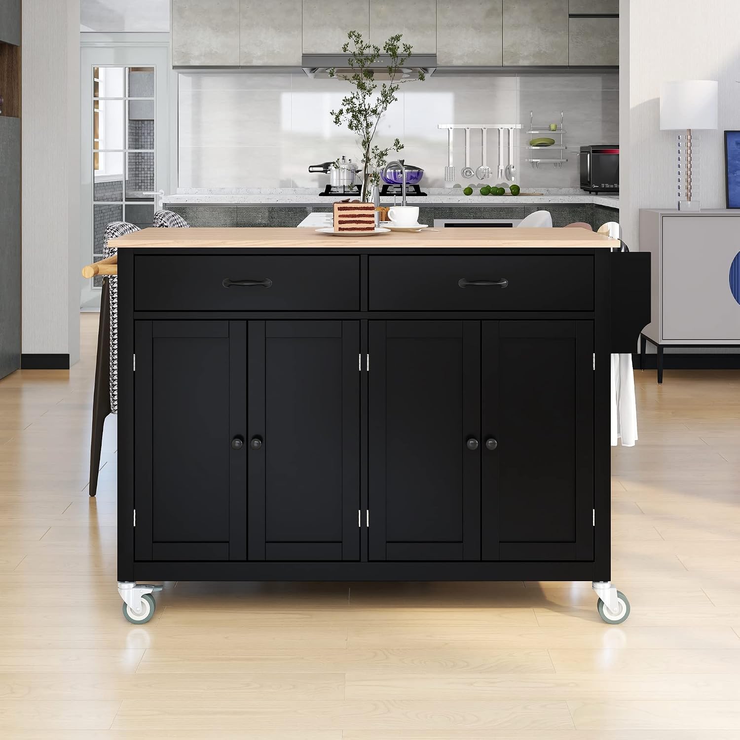Merax 54.3' Width Kitchen Island with Storage, Rolling Kitchen Storage Islands with 4 Door Cabinet & 2 Drawers, Kitchen Cart with Solid Wood Top, Lockable Wheels, Spice Rack, and Towel Rack, Black