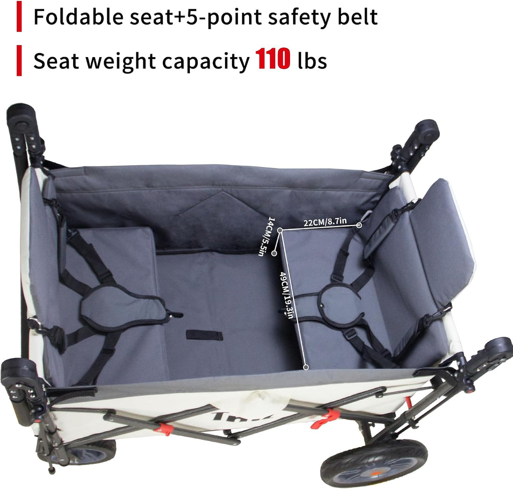 TMZ Collapsible Wagon with 2 Foldable Seats, Folding Wagon with Canopy, Multi Functional Cart with Adjustable Handle Bar, Front Expandable for Transport Camping (Grey/Beige)