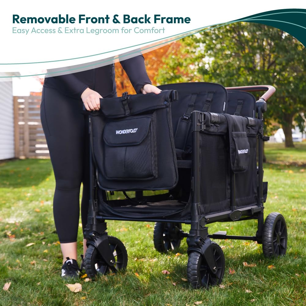 WonderFold W4 Luxe Pro Stroller Wagon - Collapsible Stroller Wagon with Aluminum Frame - Adjustable Canopy & Push Handle - XL All-Terrain Wheels - For Babies, Toddlers & Kids - 4 Seater - Black
