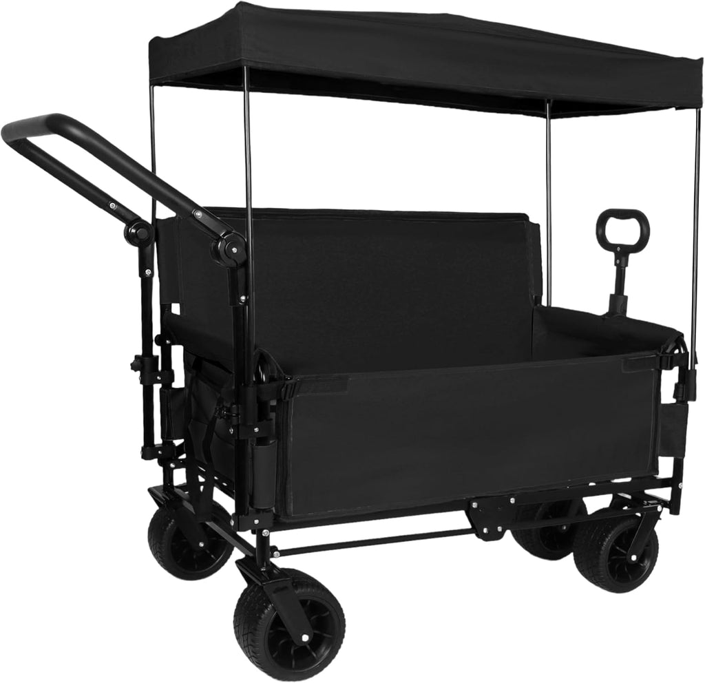3-in-1 Heavy-Duty Folding Wagon Cart with Adjustable Canopy & Bench Seat – 500lbs Capacity, All-Terrain Utility Cart for Camping, Beach, Sports, Garden Storage (Black)