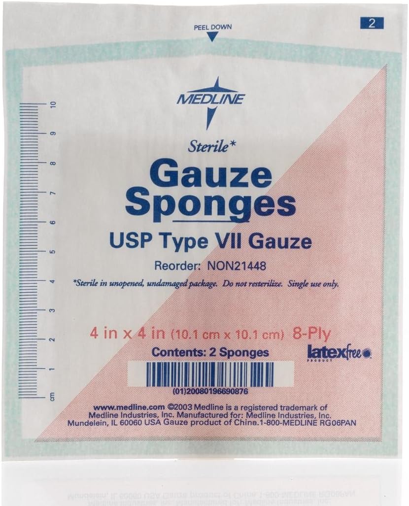 Medline Sterile 100% Cotton Woven Gauze Sponges, 4' x 4', 8-Ply, Ideal for Wound Dressing and General Cleaning, 2/Packs, Pack of 600