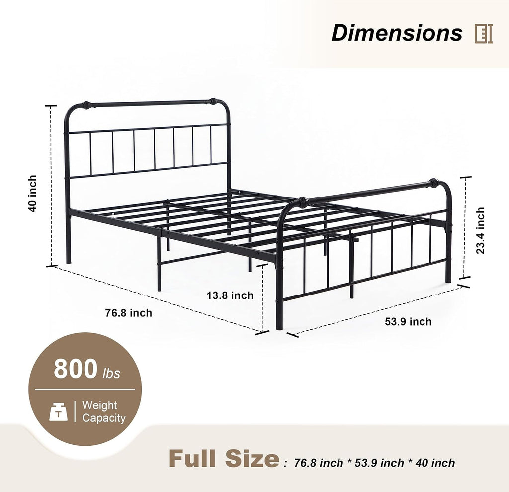 Full Size Metal Bed Frame, Vintage Iron-Art Headboard & Footboard, Heavy-Duty Iron Platform Bed (No Box Spring), Easy Assembly,Noise-Free Design, Matte Black