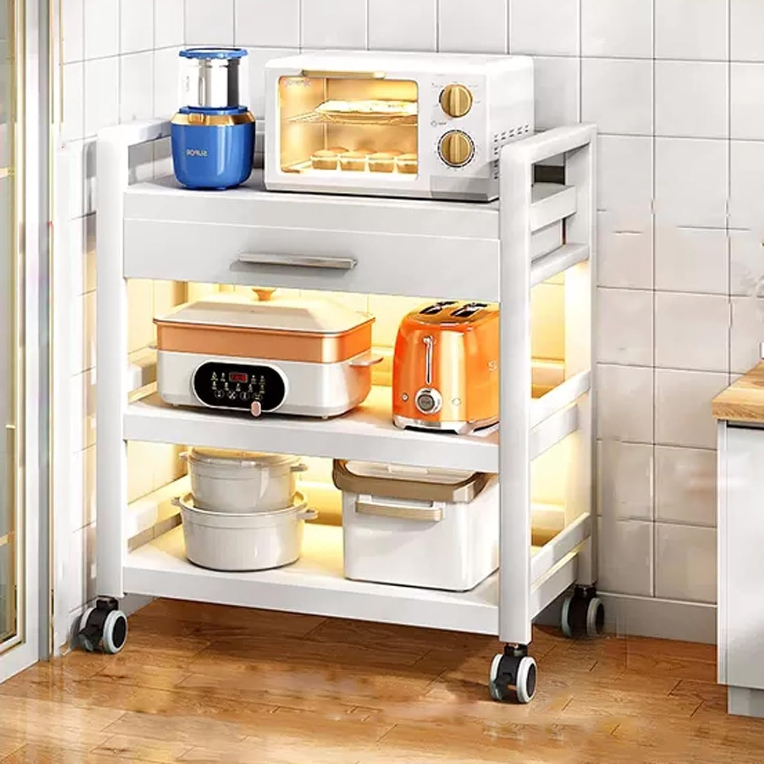 Kitchen Floor Cupboard Tall Storage Cabinet with Flip Doors Adjustable Shelves Kitchen Storage Sideboard with Countertop Free Standing，Microwave Stand with Drawer, 3-Tier Baker's Rack on Whe