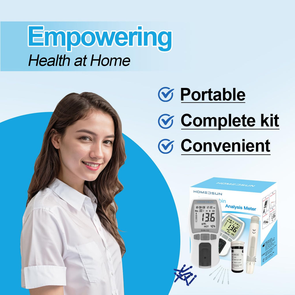 HSBHM-102 Home Care Portable Blood Hemoglobin Analyzer Anemia Hb Test Check Kit Handheld Finger Prick Meter Easy To Use Quick Results With 25Pcs Strips Lancets Droppers