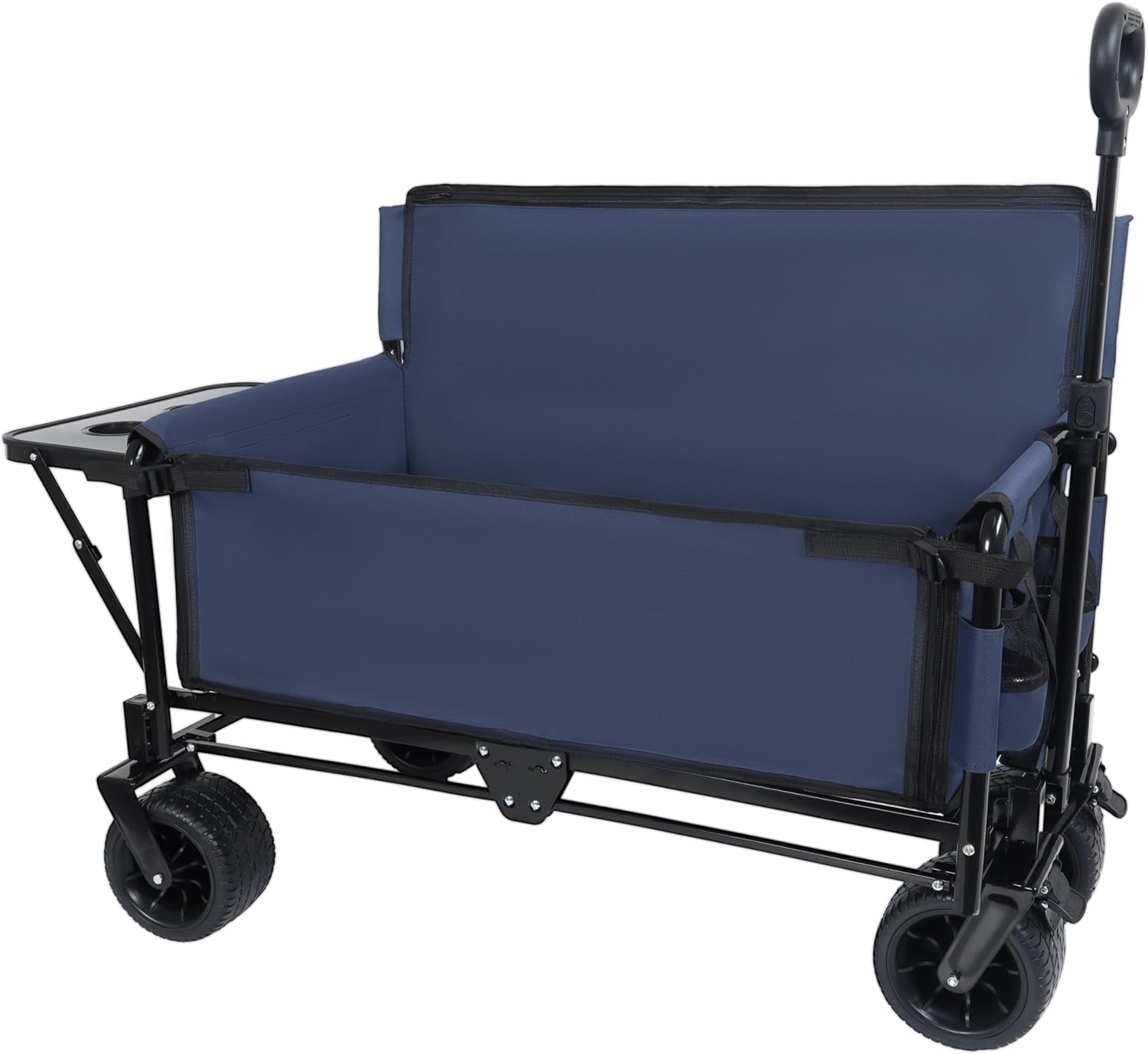 3-in-1 Heavy-Duty Folding Wagon Cart with Bench Seat & Rear Tabletop - 500lbs Capacity, All-Terrain Wheels for Camping, Beach, Sports, Garden (Dark Blue)