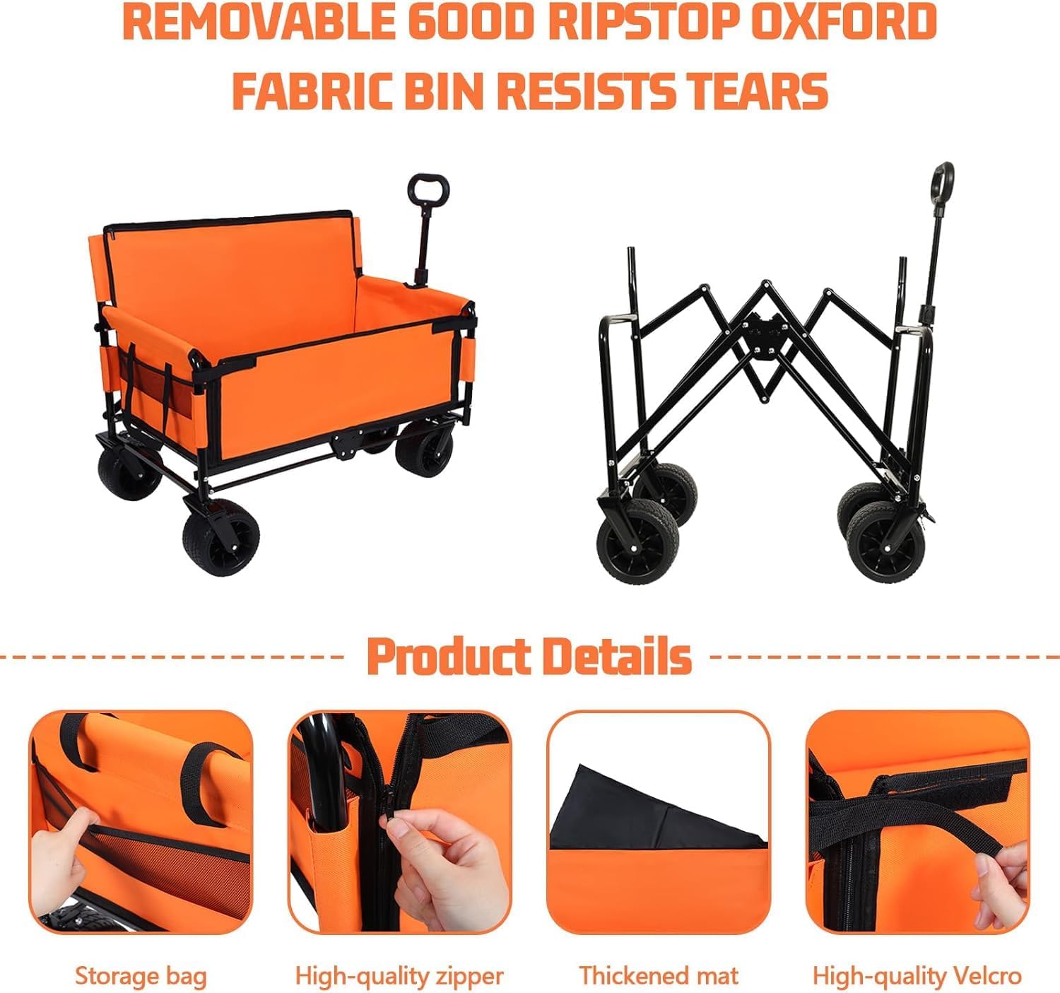 3-in-1 Convertible Folding Wagon Cart with Bench Seat & Storage - 500lbs Heavy-Duty Utility Wagon, 180L Capacity All-Terrain Wheels for Camping, Beach, Sports, Garden ﻿ (Orange)