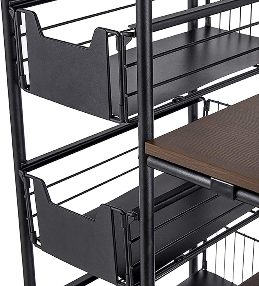 Gdrasuya10 Kitchen Baker Rack, 4-Tier Free Standing Walnut Mobile Shelving Unit Organizer Trolley Cart with 4 Push-Pull Drawers Weight Capacity 100 lbs