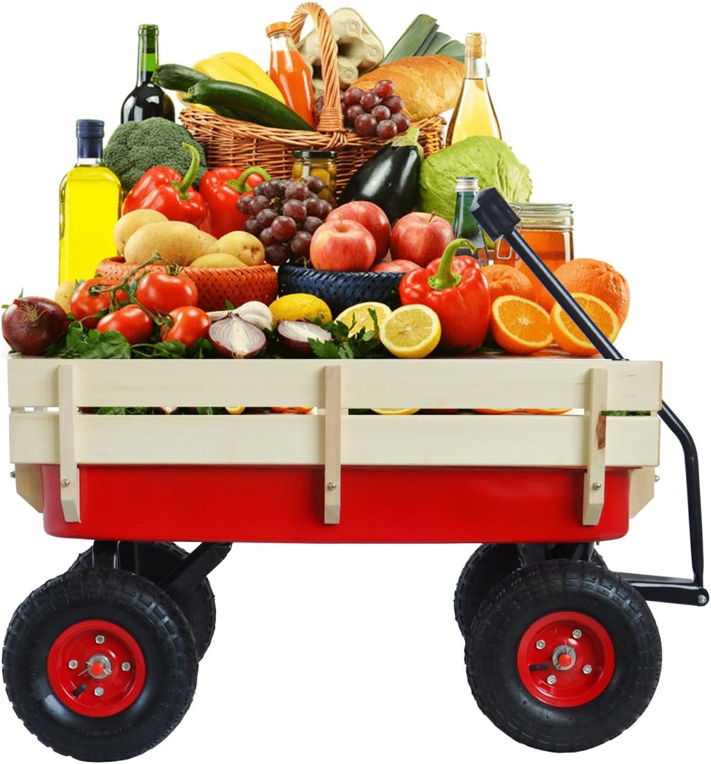 Outdoor Sport Wagon Tools cart Wooden Side Panels air Tires Wagon (red)