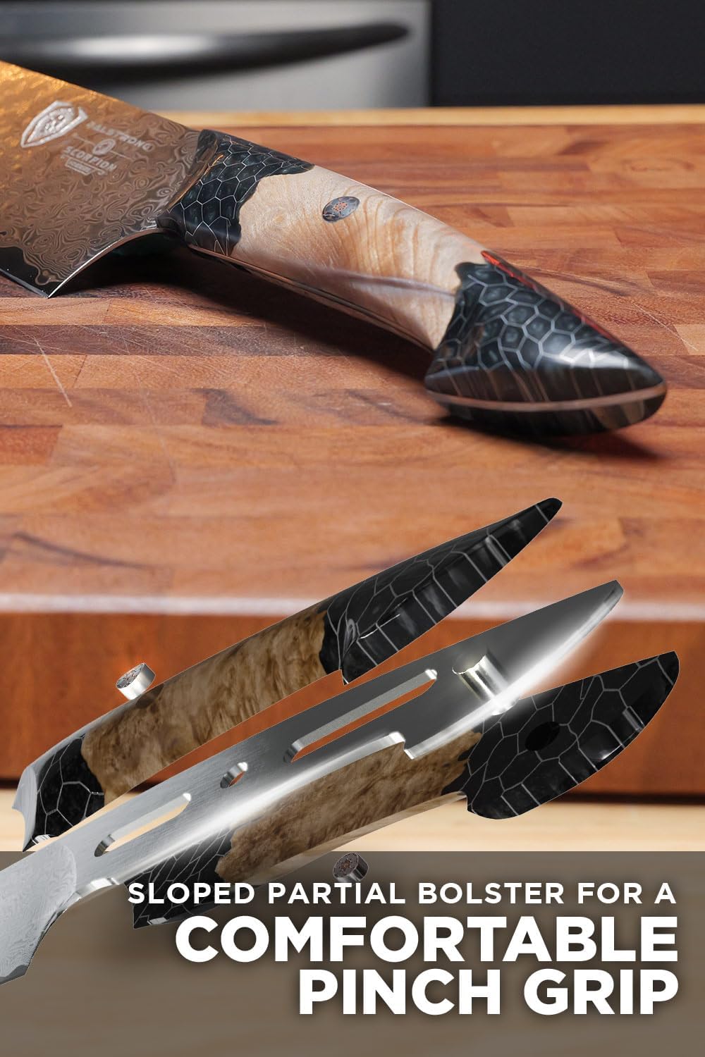 Dalstrong Chef Knife Professional- 9.5'-Scorpion Series - Venom Edition - Japanese Steel Chef Knife - Spiral Sandstorm Blade Pattern - Black Honeycomb Resin Handle - w/Chef KnifeSheath