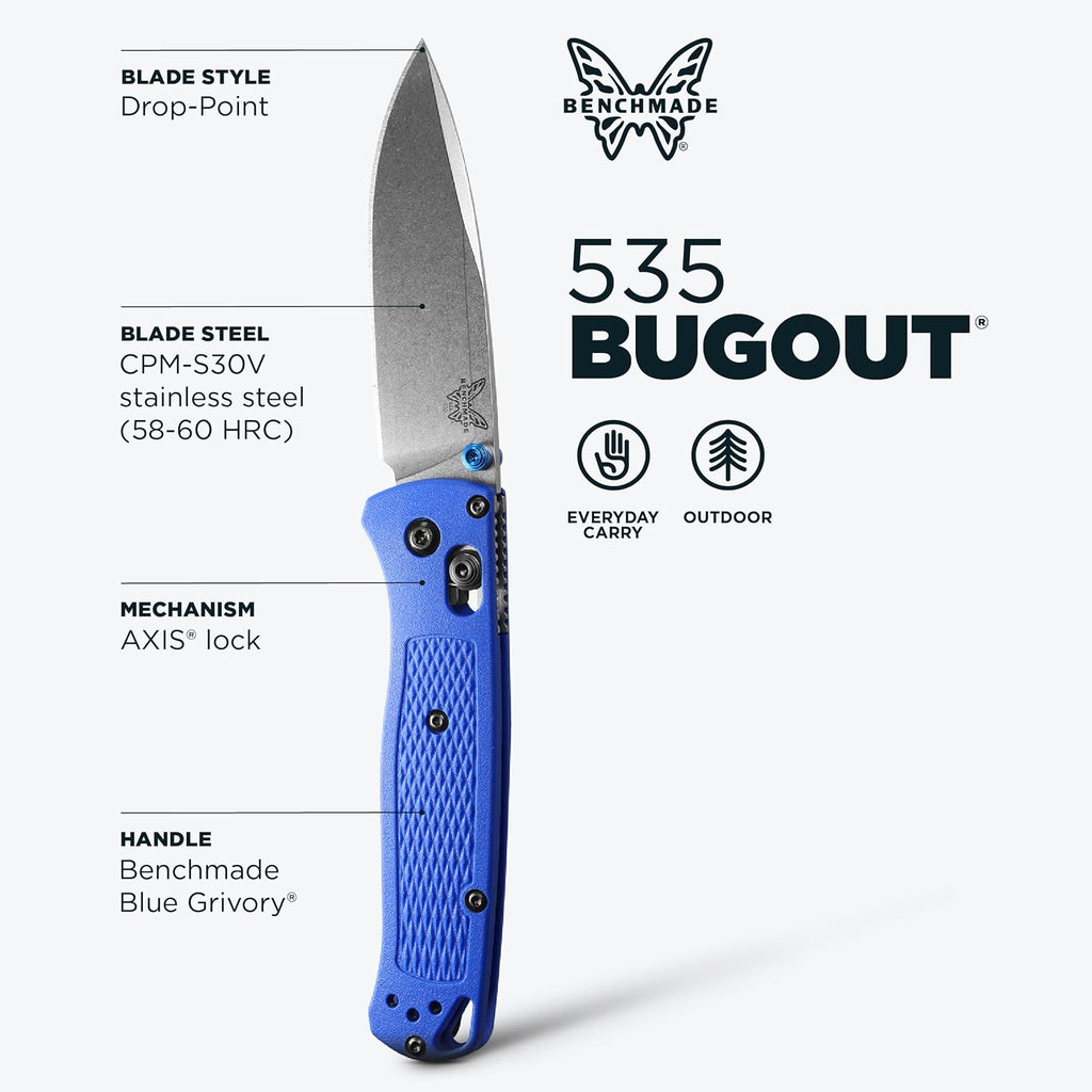 Benchmade - Bugout Outdoor EDC Folding Knife, Slim, Lightweight, Plain Edge, Drop-Point Blade, CPM-S30V Stainless Steel (58-60HRC), Grivory Handle (535)