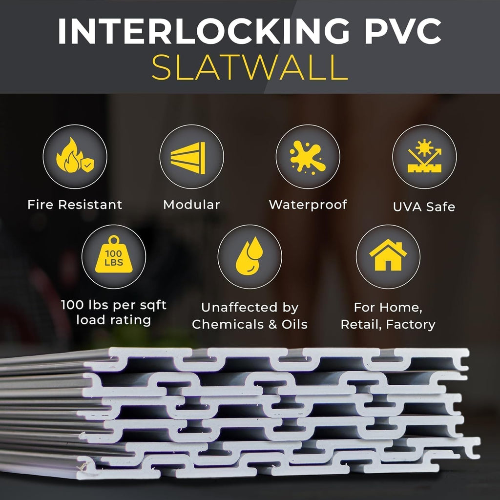 Heavy Duty 8x4 PVC Garage SlatWall Storage System (with Endcaps & Screws) - Modular Slat Wall Paneling for Garage Wall Organizer - Interlocking SlatWall Panels for Home & Commercial Use (Black)