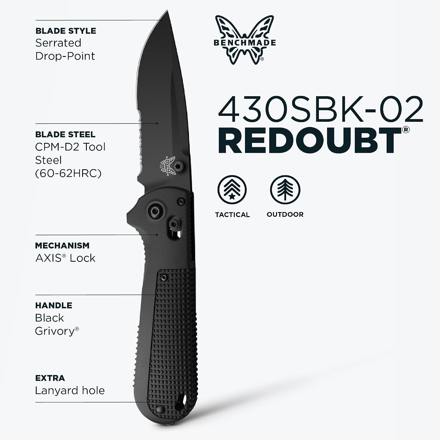 Benchmade - Redoubt Tactical, Every Day Knife, Serrated Edge, Drop-Point Blade with Black Grivory Handle (430SBK-02)