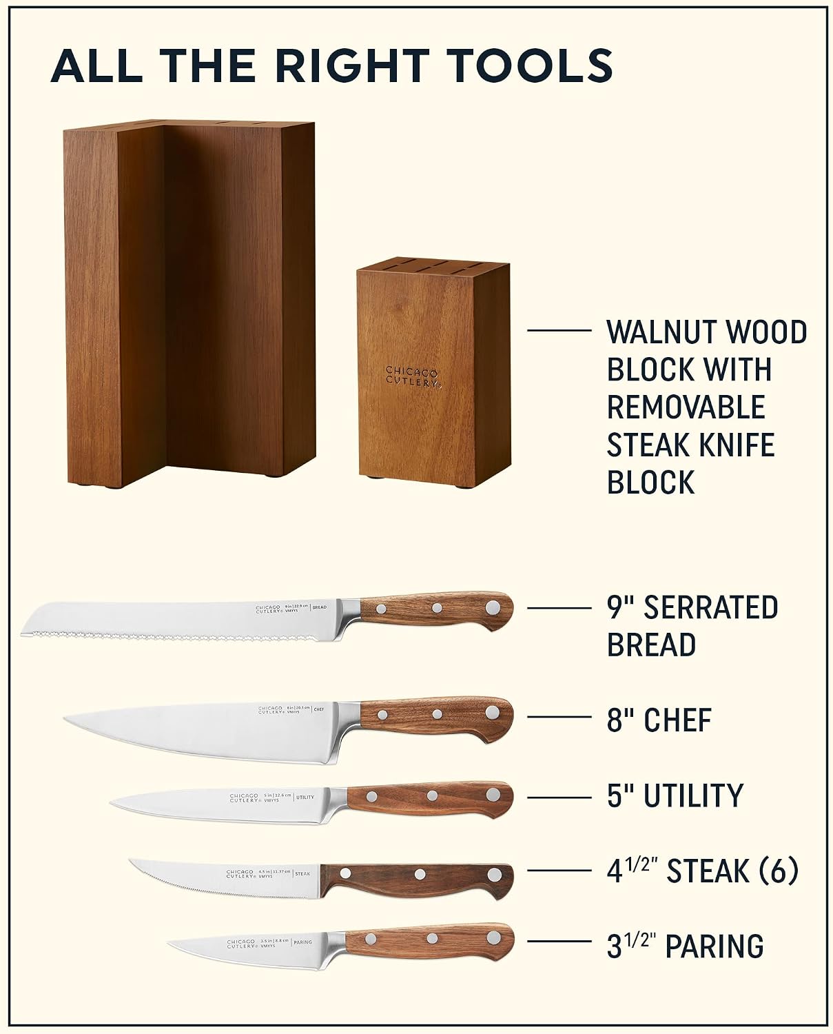 Chicago Cutlery Racine 12-PC Kitchen Knife Wood Block Set, Stainless Steel Knife Block Set, Steak Knives, Serrated, Chef, Utility, and Paring Knife, Removable Steak Knife Block, Walnut Handle