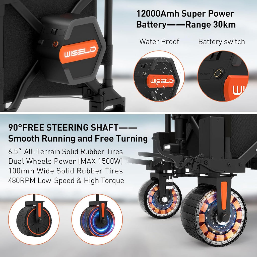 WISELD GT3 Electric Wagon Cart with Seats*2 Battery*2, Dymanic Load 551LBS/Static 771LBS, All Terrain Wagon, 2 Modes, Reverse Function, Precision Steering, for Shopping, Sports, Garden, Camping