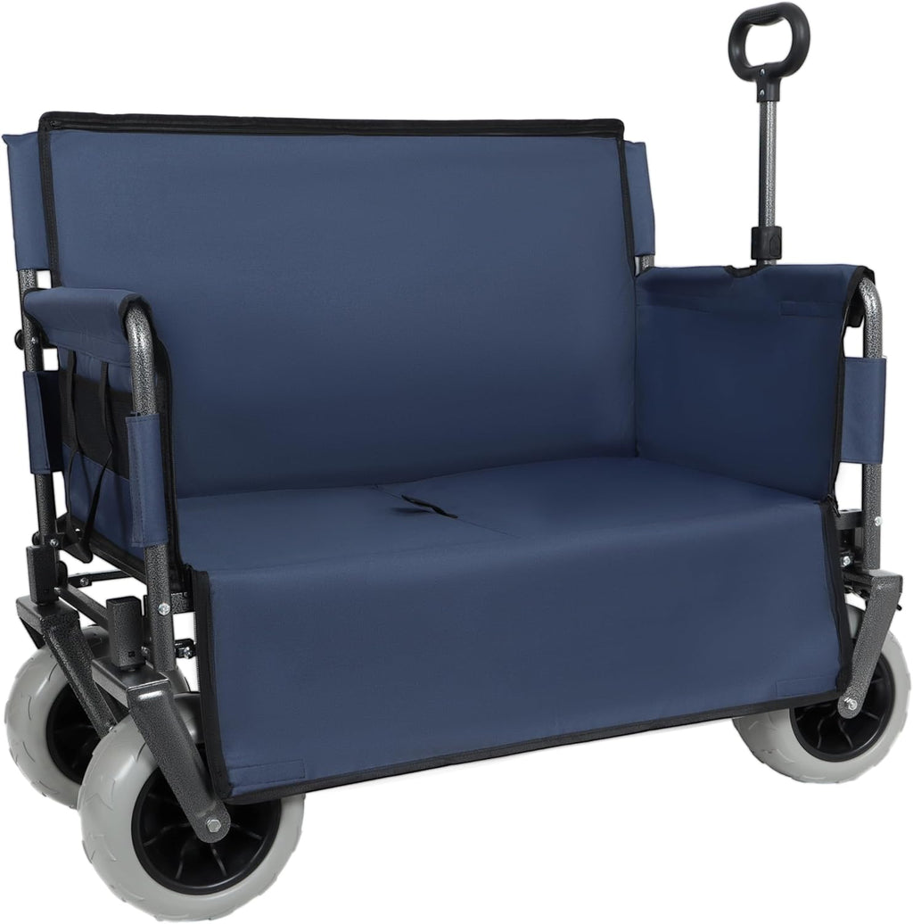 3-in-1 Heavy-Duty Wagon with Bench Seat – 500lbs Capacity, 9'x4' Beach Cart with Big Wheels for Sand, Collapsible Wagon for Camping, Groceries & Outdoor Events (Dark Blue)