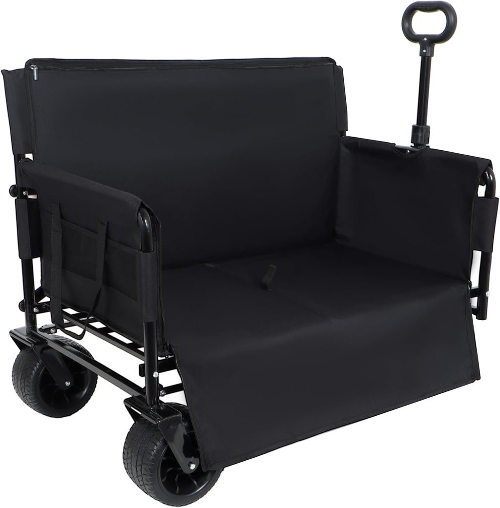 3-in-1 Heavy-Duty Folding Wagon Cart with Bench Seat & Storage – 500lbs Capacity, 180L All-Terrain Utility Cart, Collapsible Design for Camping, Beach, Sports, Garden (Black)