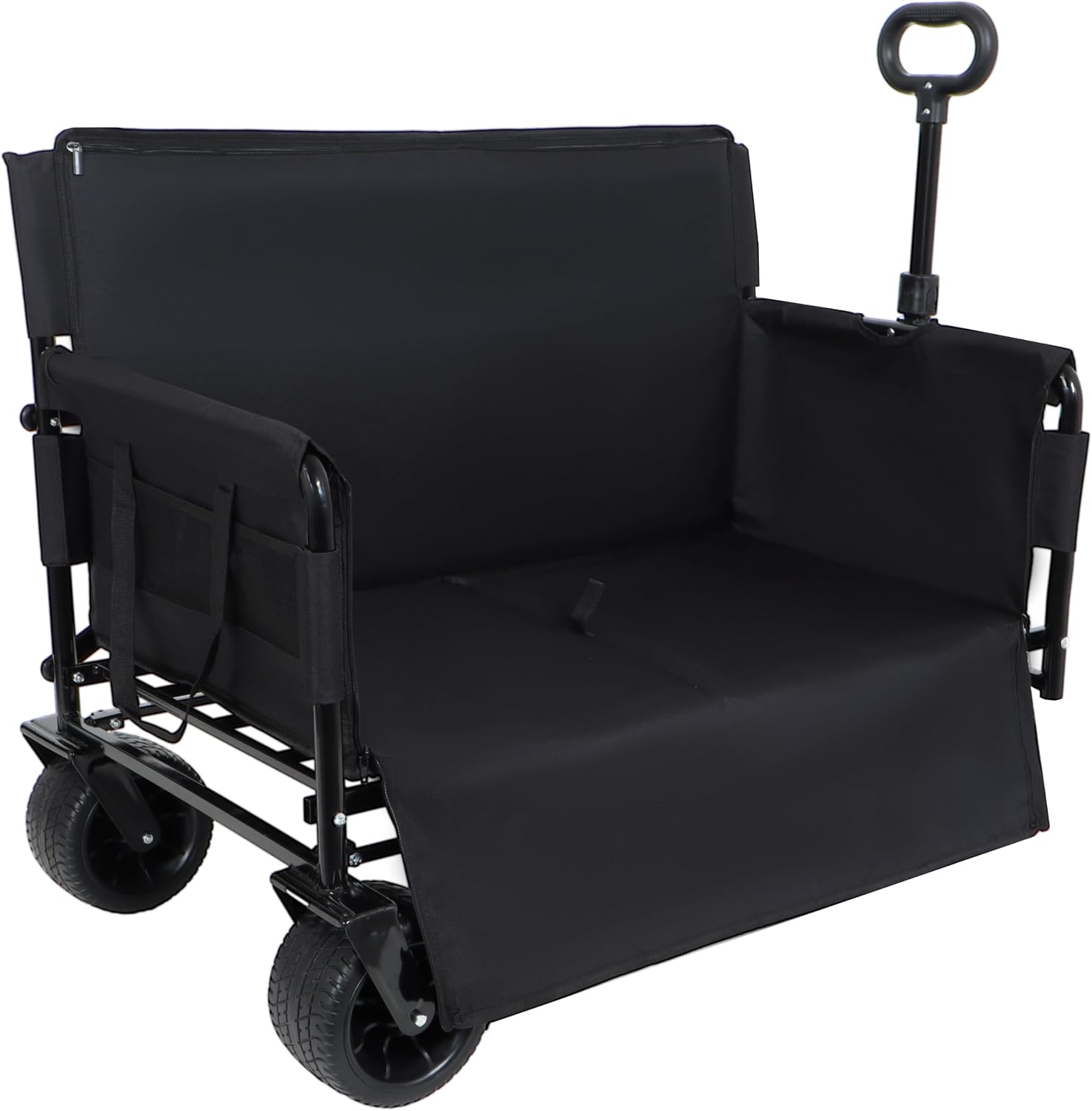 3-in-1 Heavy-Duty Folding Wagon Cart with Bench Seat & Storage – 500lbs Capacity, 180L All-Terrain Utility Cart, Collapsible Design for Camping, Beach, Sports, Garden (Black)