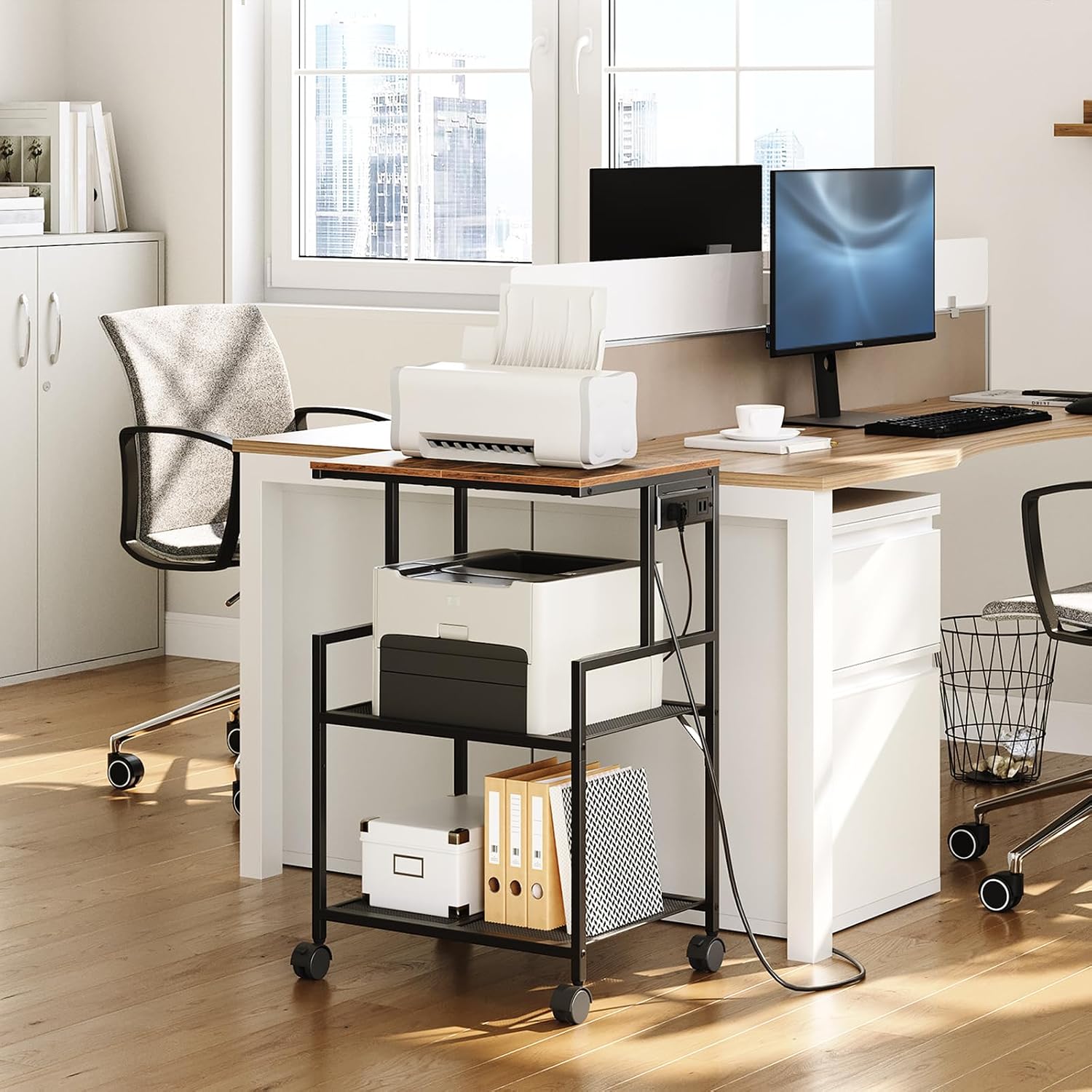 MAHANCRIS Printer Stand and Desktop Shelf Bundle, 3-Tier Industrial Printer Cart with Power Outlets and 2 USB Ports, Desktop Hutch with Adjustable Feet and Anti-Tip Kit,PTHR78E01-DSHR9801