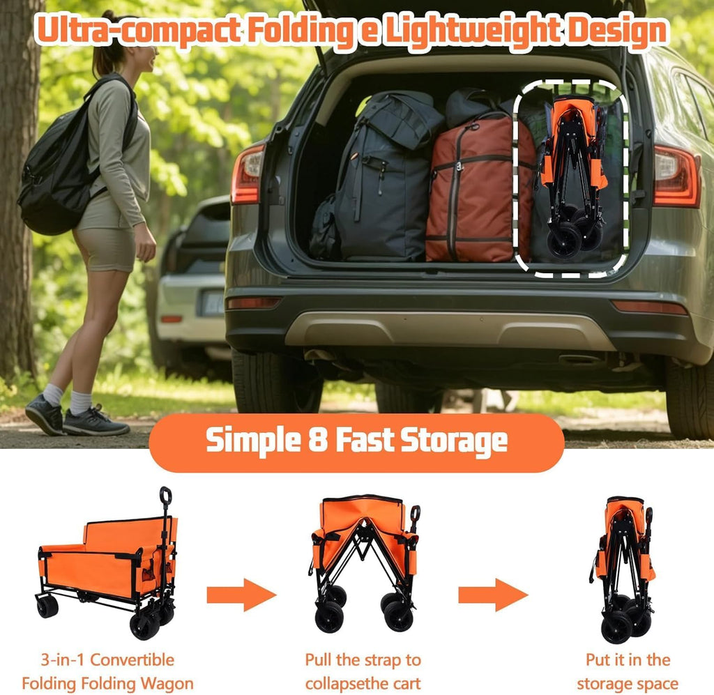 3-in-1 Convertible Folding Wagon Cart with Bench Seat & Storage - 500lbs Heavy-Duty Utility Wagon, 180L Capacity All-Terrain Wheels for Camping, Beach, Sports, Garden ﻿ (Orange)