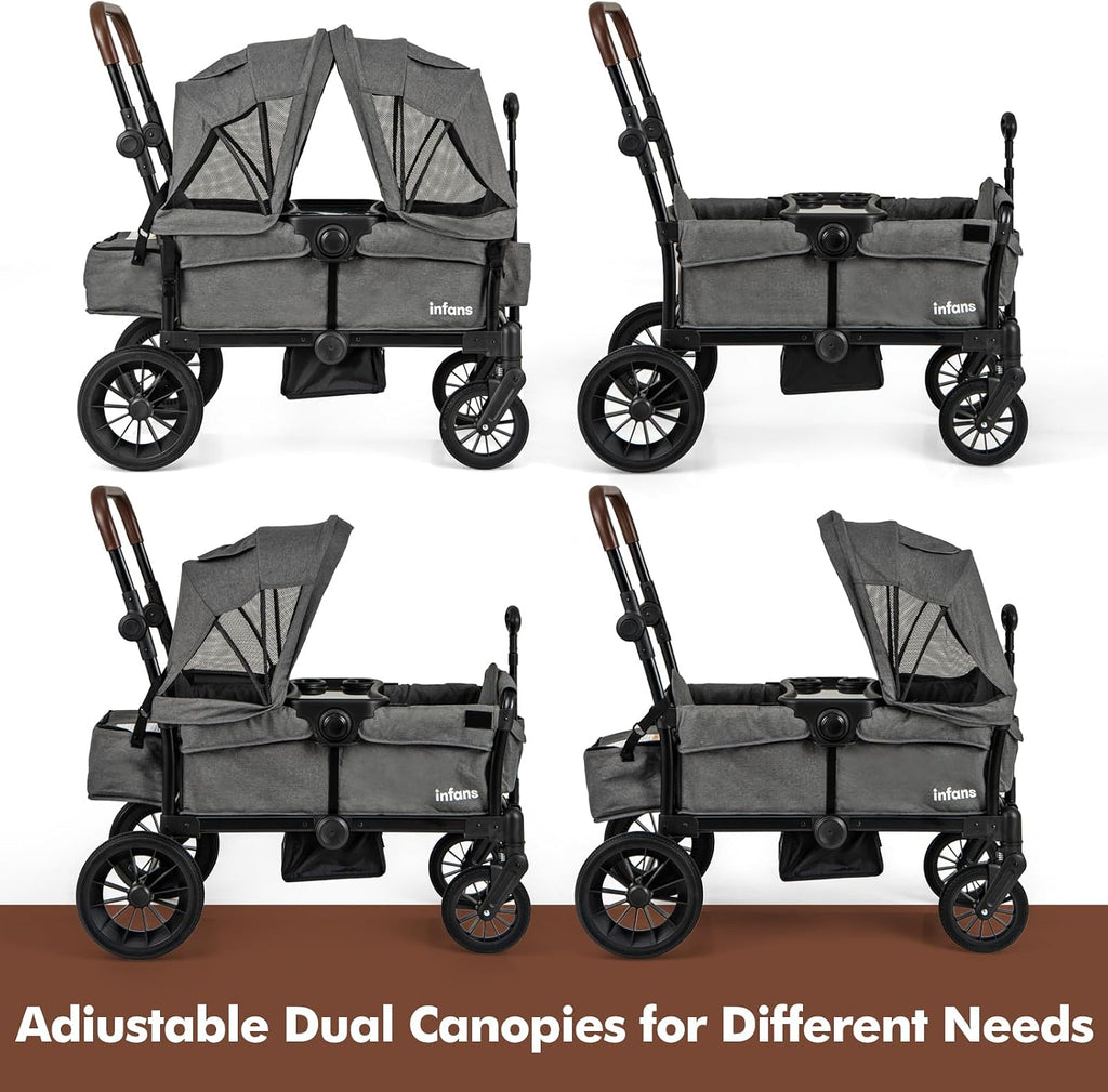 INFANS Wagon Stroller for 2 Kids, Collapsible Adjustable Push Pull Handle Bar, 2 Seater Stroller Wagon with Removable Canopy Snack Tray, Comfortable Drop-Down footwell and Upholstered Seats