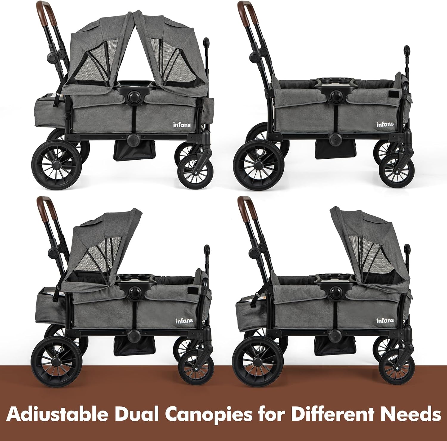 INFANS Wagon Stroller for 2 Kids, Collapsible Adjustable Push Pull Handle Bar, 2 Seater Stroller Wagon with Removable Canopy Snack Tray, Comfortable Drop-Down footwell and Upholstered Seats