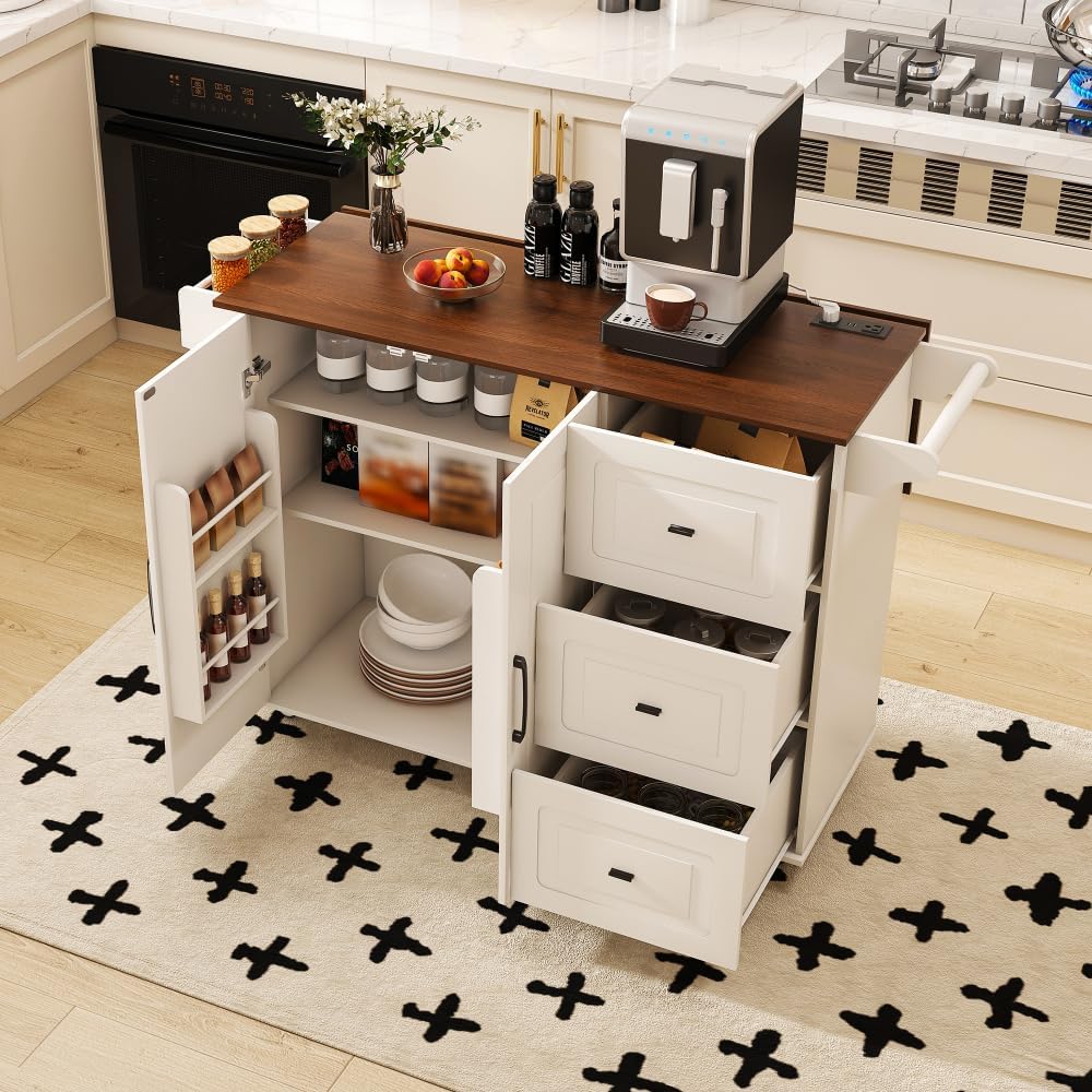 Space-Saving Drop-Leaf Kitchen Island Cart – Foldable Tabletop, 3 Drawers & Adjustable Shelves | Mobile Breakfast Bar with Locking Casters – Works as Baker's Rack, Microwave Stand or Workstation