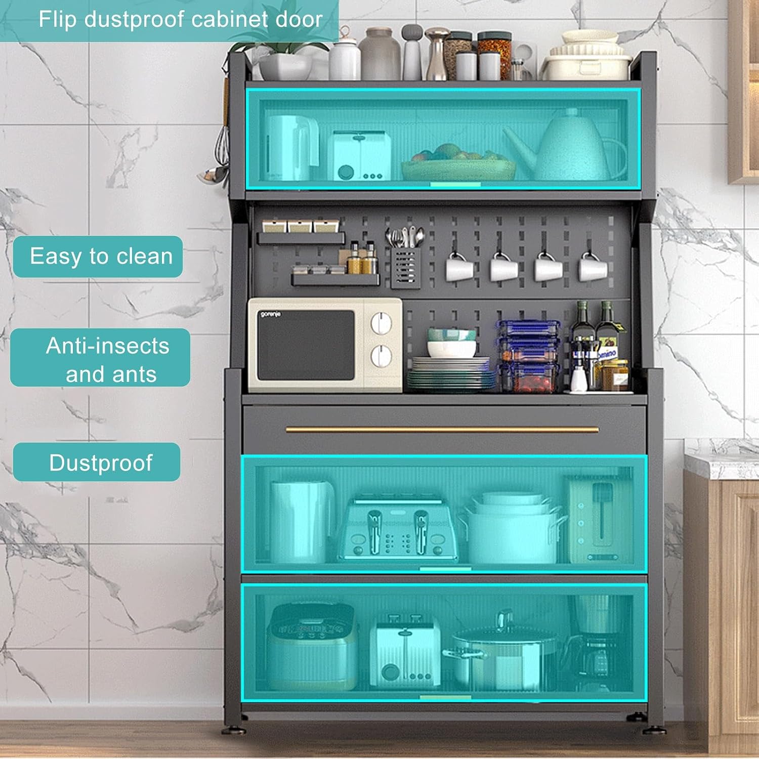 Microwave Storage Stand,Kitchen Storage Cabinet, Freestanding Baker's Rack,Microwave Stand with Flip Door and Drawer,for Dining Room, Living Room,Kitchen Utility Sideboard Storage Shelf (