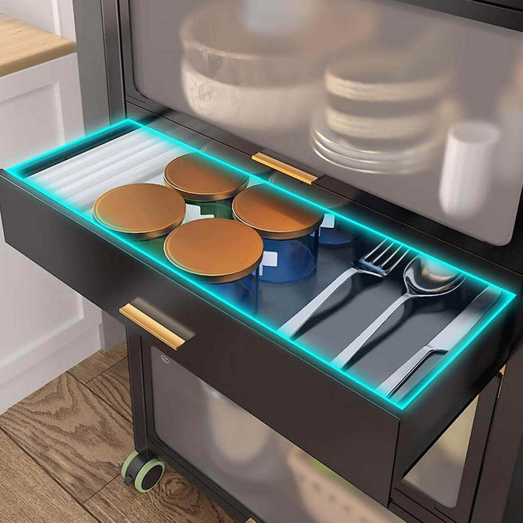 Bakers Rack with Storage Cabinet Kitchen Shelf Organizer and Storage with Drawer with Rolling Wheels, for Spices, Pots and Pans(Black,60 * 40 * 90.6cm)