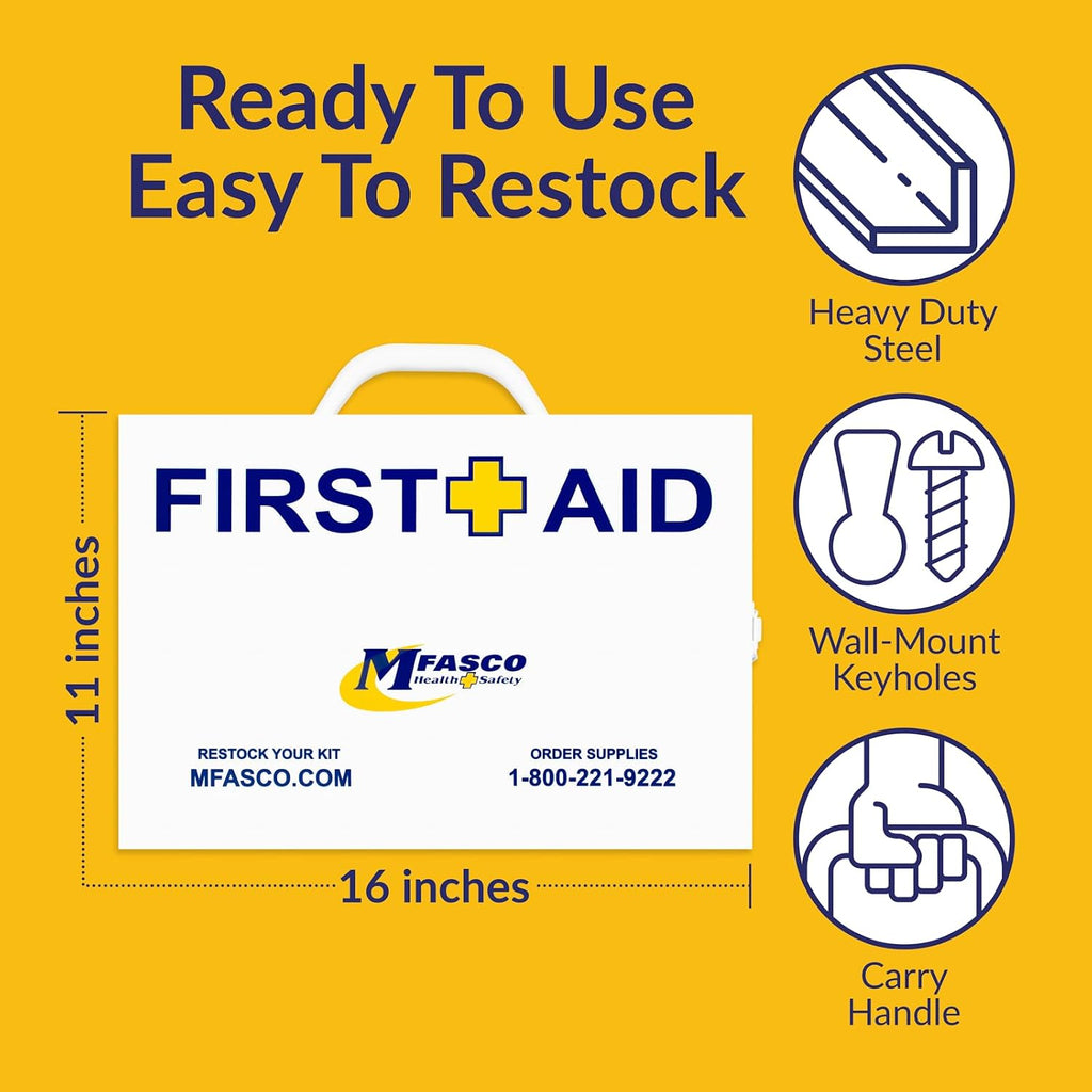 MFASCO 2 Shelf First Aid Cabinet - ANSI/OSHA Class B Type I & II - Medi First Brand Bandages - Carry or Wall Mount - Easy Restock & Refill - - White Enamel Finish - 226 Pcs - 16'x11'x4 7/8'