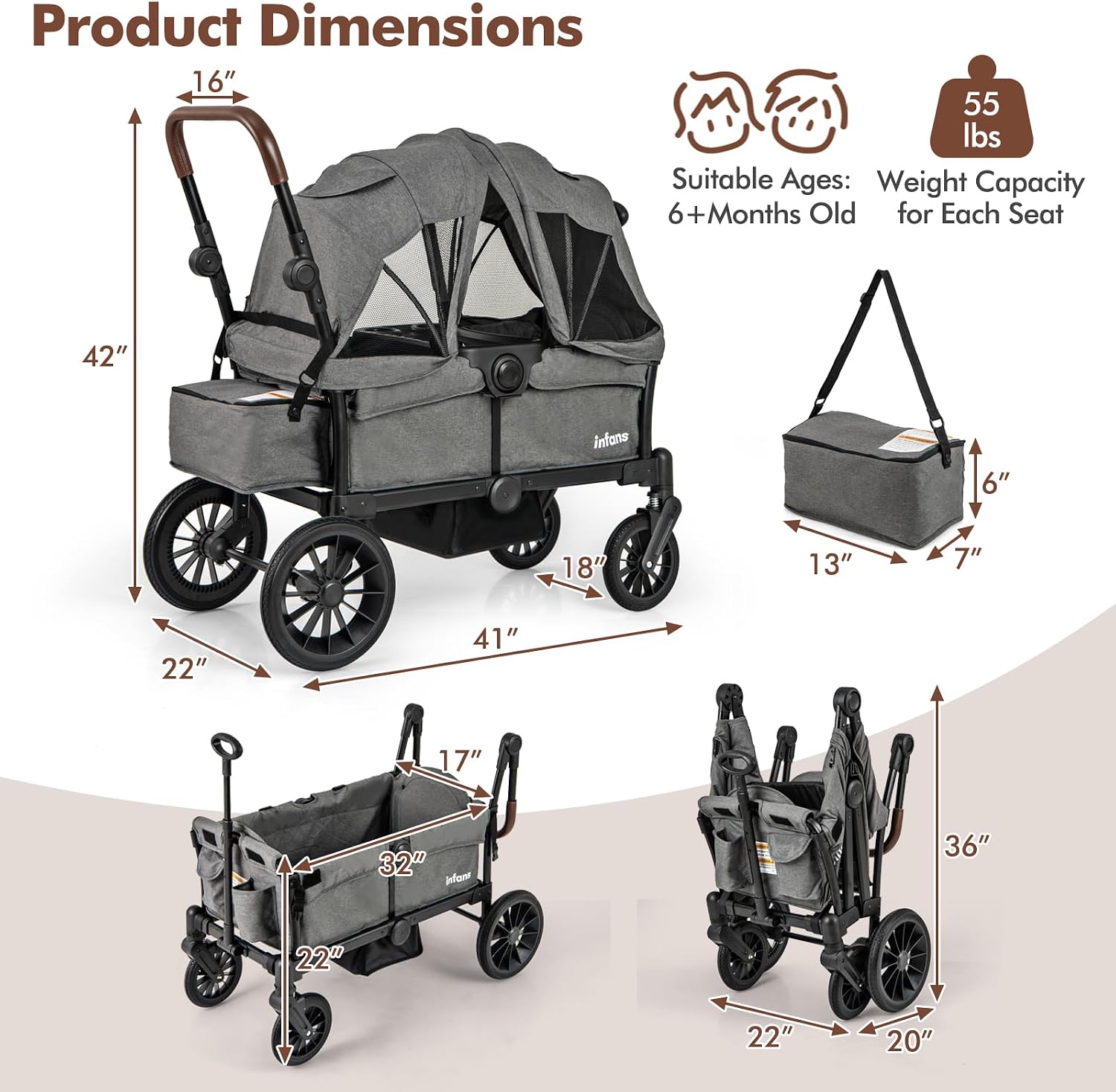 INFANS Wagon Stroller for 2 Kids, Collapsible Adjustable Push Pull Handle Bar, 2 Seater Stroller Wagon with Removable Canopy Snack Tray, Comfortable Drop-Down footwell and Upholstered Seats