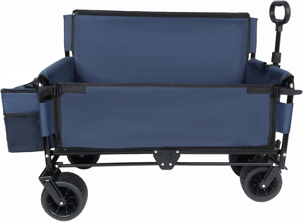 3-in-1 Heavy-Duty Folding Wagon Cart with Bench Seat & Storage - 500lbs Capacity, All-Terrain 360° Wheels, Ice Pack Included - Perfect for Camping, Beach, Sports, Garden & Outdoor Events (Dark Blue)