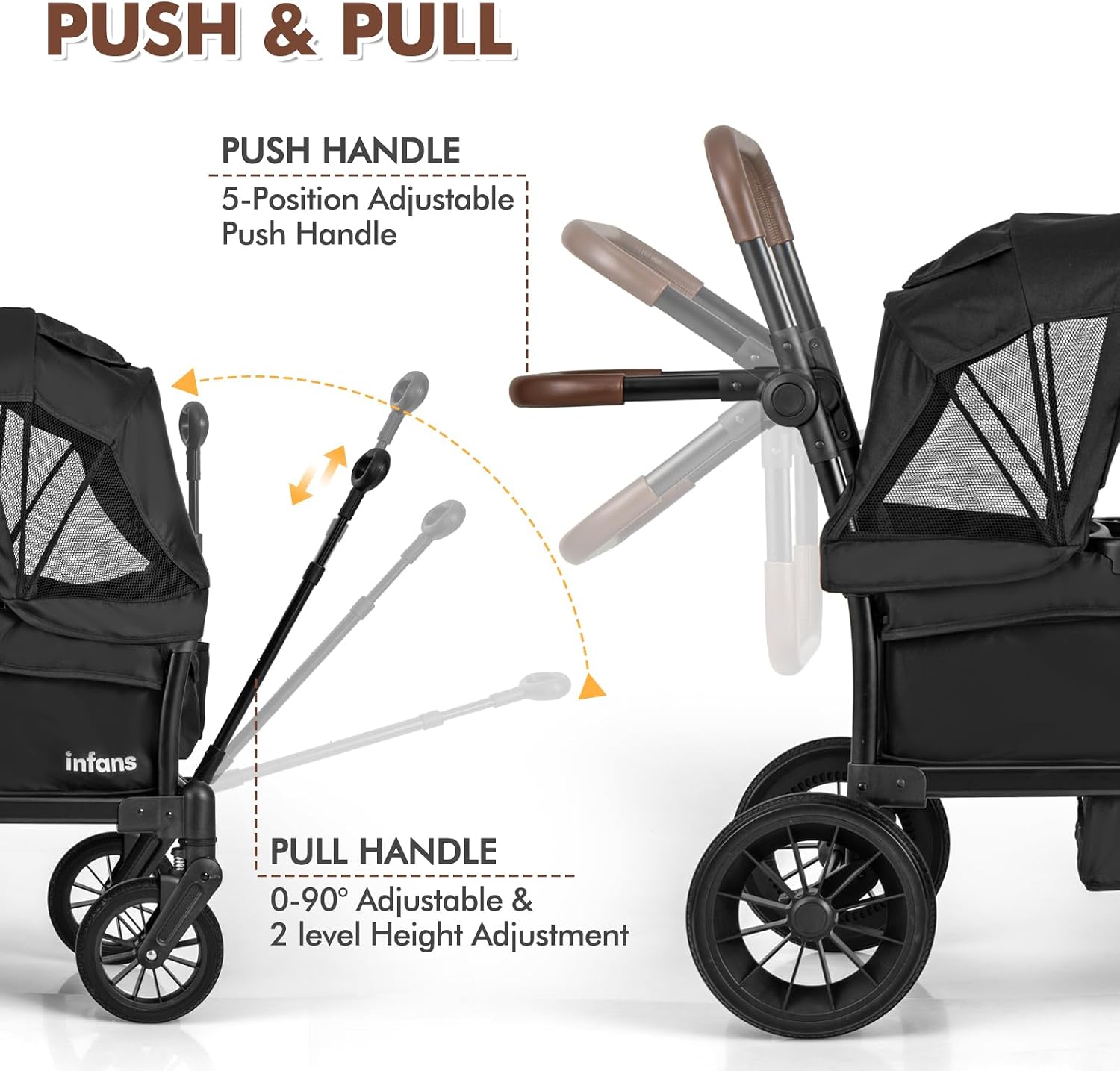 INFANS Wagon Stroller for 2 Kids, Collapsible Adjustable Push Pull Handle Bar, 2 Seater Stroller Wagon with Removable Canopy Snack Tray, Comfortable Drop-Down footwell and Upholstered Seats