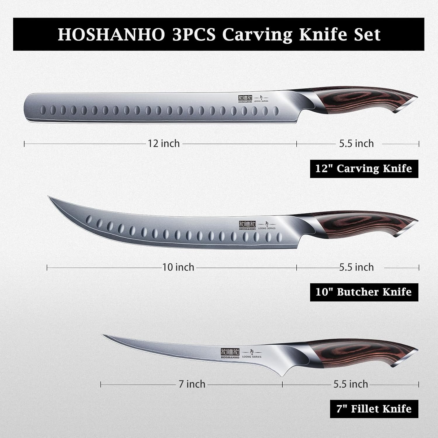 HOSHANHO Carving Knife Set 3PCS, Japanese High Carbon Steel Brisket Slicing Knife Sets with Ergonomic Pakkawood Handle, Butcher Knife Breaking Knife Boning Knife for Meat Cutting