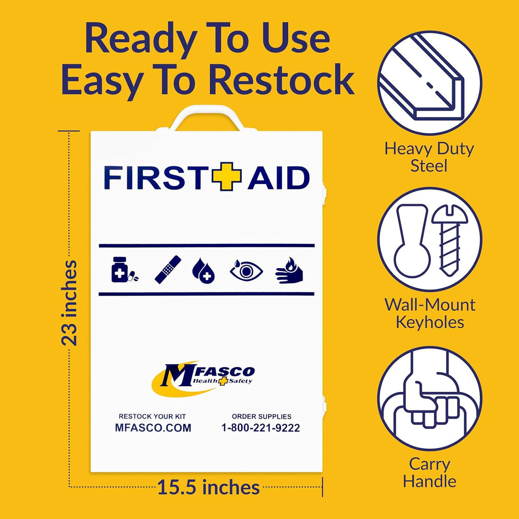 MFASCO Workplace Metal First Aid Kit - 4 Shelf Wall Mount Cabinet with Medications - Large Metal First Aid Box for Office with Supplies - Commercial Grade for Businesses - Emergency Preparedness