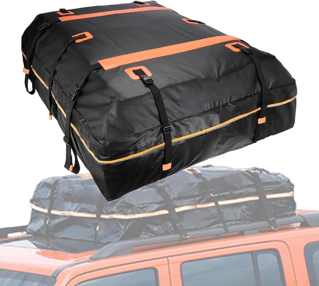 Car Roof Bag Top Cargo Carrier for Seat Leon ST FR Wagon 2020-2025, Water-Resistant Strong Fabric Cargo Bag with/Without Rack for Travel & Camping,425L/109 * 86 * 43cm-Black&Orange
