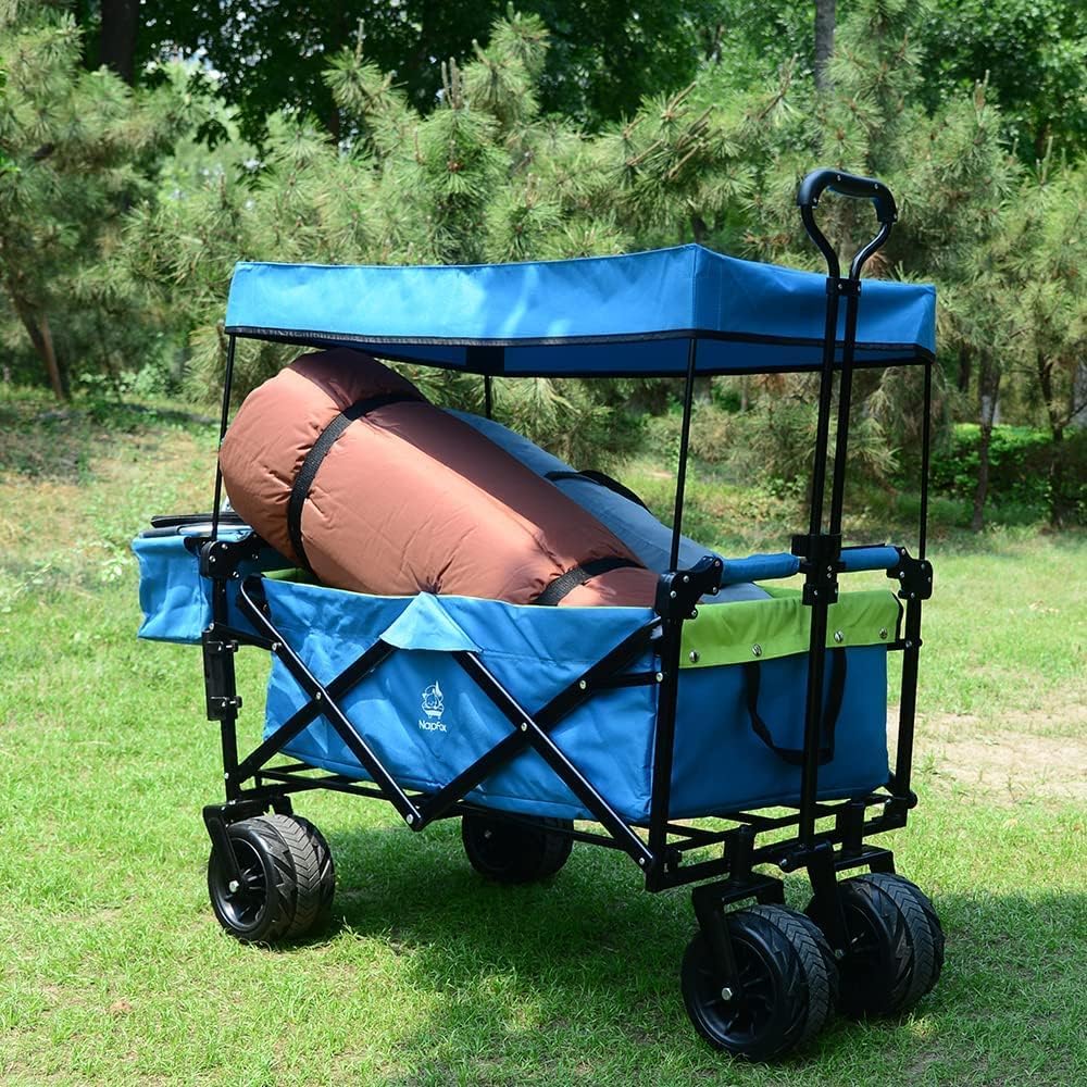 All Terrain Collapsible Wagon Cart with Big Wheels, 350 Pound Capacity Heavy Duty Enlarged Utility Folding Beach Garden Wagon Cart with Brake & Adjustable Handle for Outdoor Camping Shopping