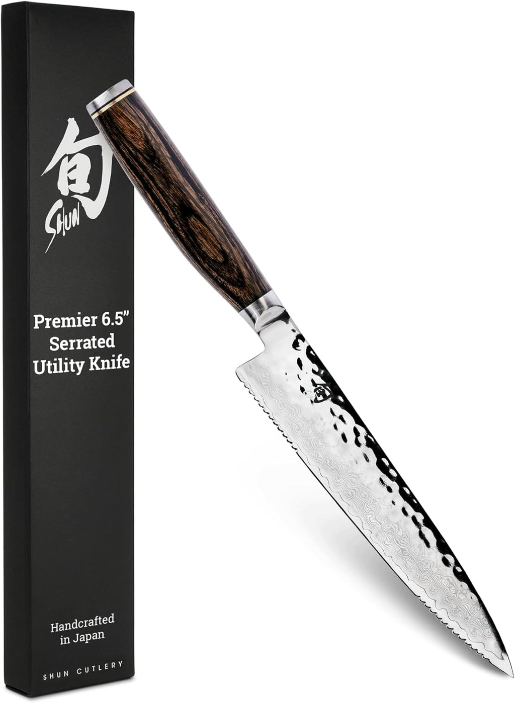 Shun Premier 6.5' Serrated Utility Knife, Handcrafted Japanese Knife, VG-MAX Core with Damascus Stainless Steel Cladding, Pakkawood Handle, Precision and Sharpness for Professional and Home Chefs