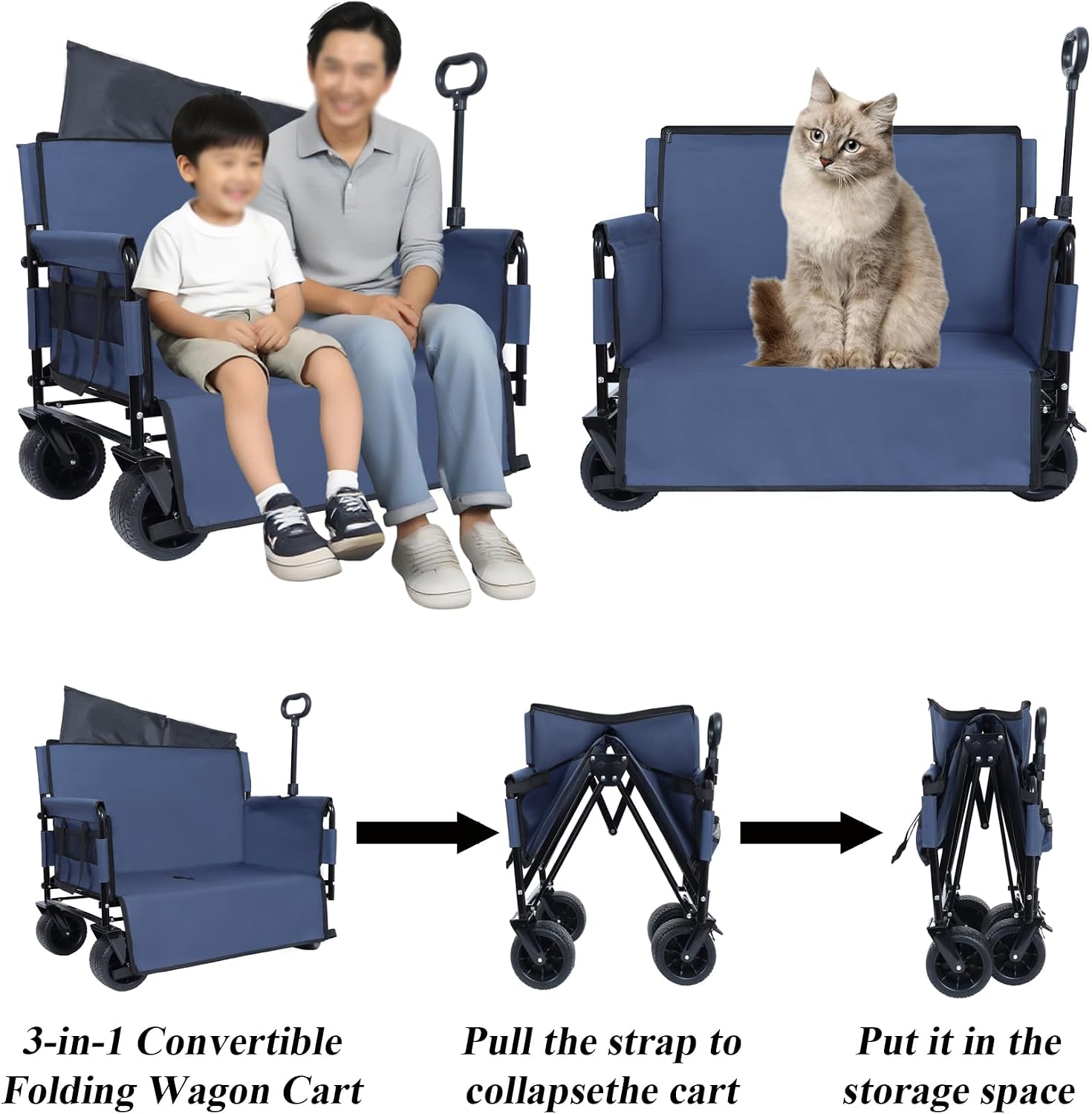 3-in-1 Convertible Folding Wagon Cart with Bench Seat & Storage, Wagon Bench, 550lbs/220L Heavy-Duty Utility Wagon, 180L Capacity All-Terrain Wheels (Blue)