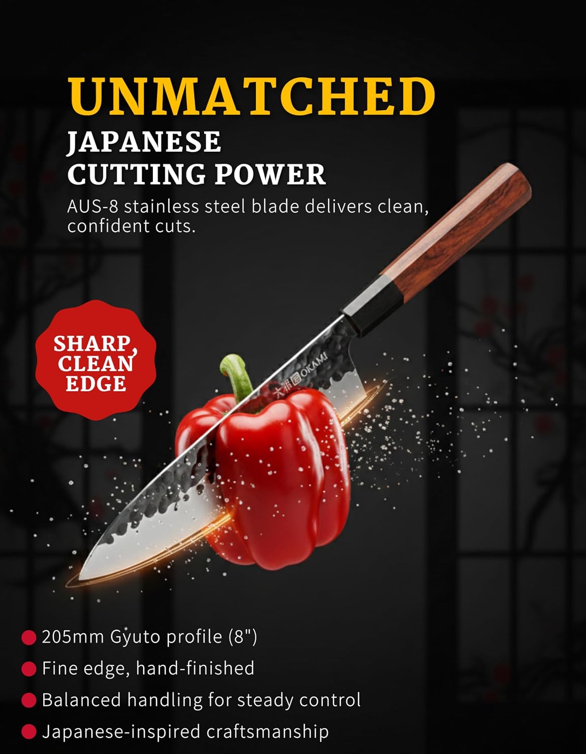 Classic Chef Knife 8 Inch – Japanese AUS 8 Steel Gyuto Knife, Ultrasharp & Perfectly Balanced Kitchen Knife with Rosewood & Ebony Handle for All Your Kitchen Tasks