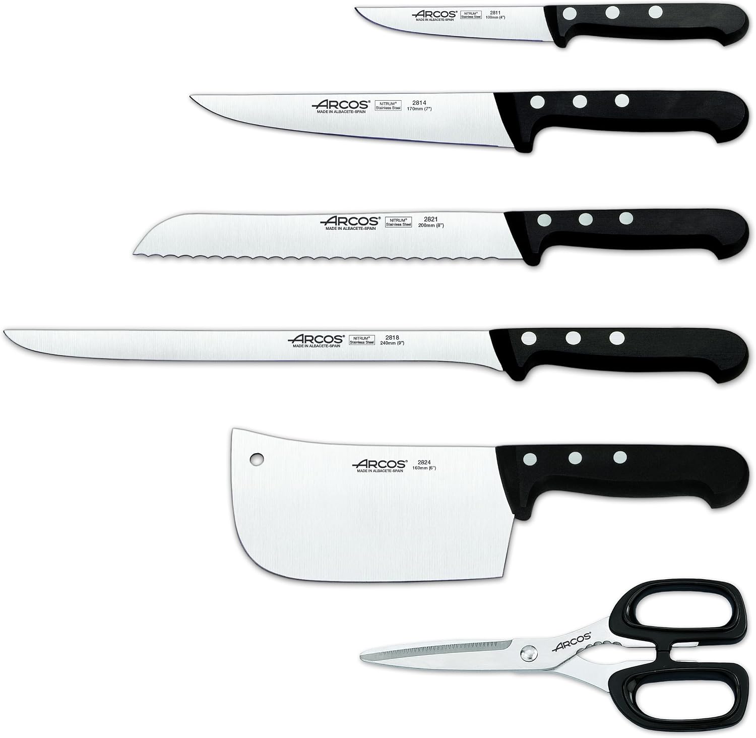 ARCOS Knife Set 6 pieces Nitrum Stainless Steel. 3760 gr. Pine Wood Block. Ergonomic Polyoxymethylene POM Handle. Series Universal. Greater control. Color Black.