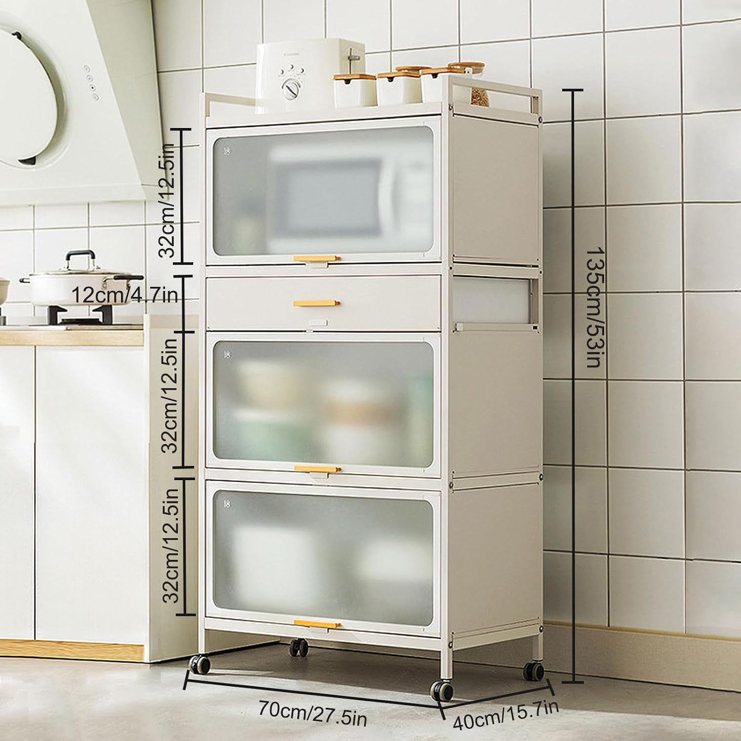 Tall Kitchen Bakers Rack with Flip Door Cabinet, 5 Tier Multifunctional Microwave Stand Buffet with Brakeable Casters and Drawer, Kitchen Pantry Storage Cabinet Shelf,White,70×135cm/27.5×53in