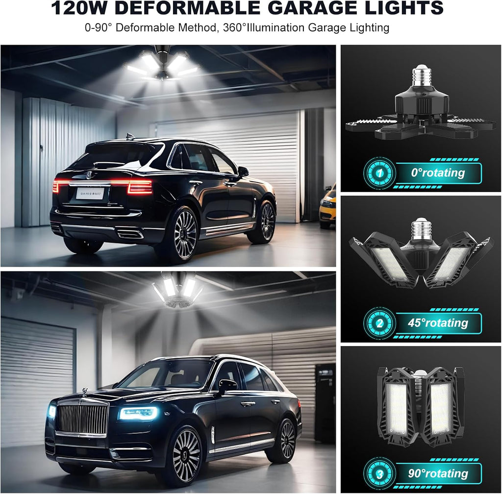 Led Garage Lights Bulb 10 Pack 120W Super Bright Ceiling Led Shop Lights 6 Deformable Panels Screw in E26/E27 6500K 12000 LM Deformable Garage Light Ideal for Basement Attic and Workshop