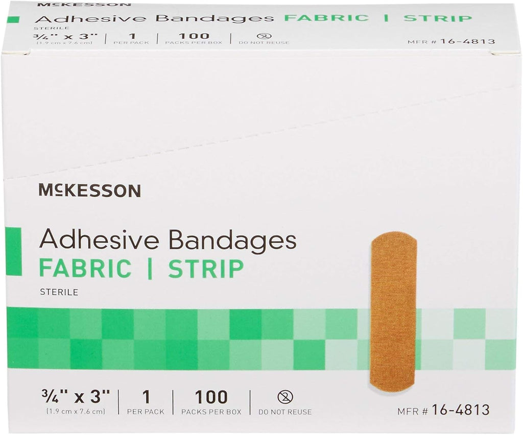 McKesson Adhesive Bandages, Sterile, Fabric Strip, 3/4 in x 3 in, 100 Count, 24 Packs, 2400 Total