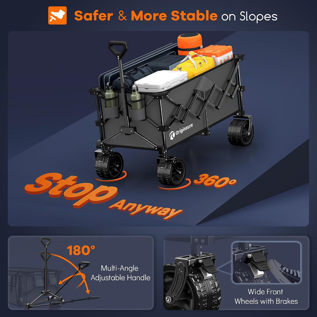 Originsure 220L Collapsible Wagon Cart Foldable, 460lbs Load Capacity Heavy Duty Folding Beach Wagons with Big All-Terrain Wheels, Utility Carts for Groceries, Shopping, Camping, Sports - Grey